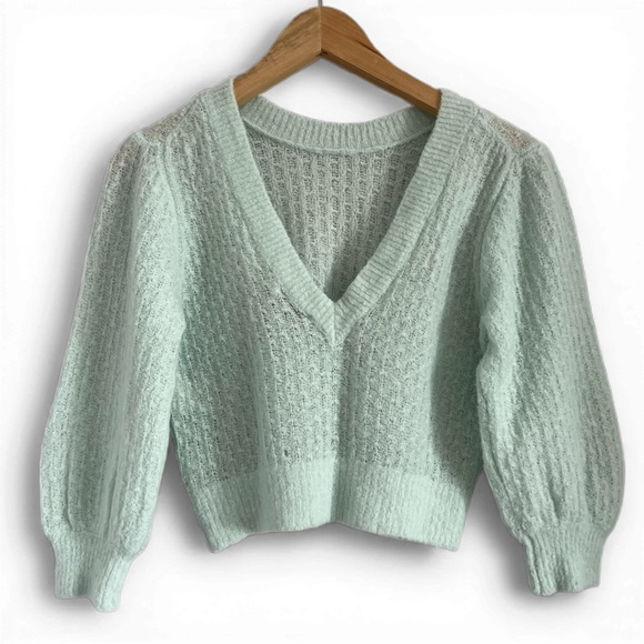 Babaton Aritzia Mint Green Merino Wool Puff Sleeve Sweater XS V-Back Cropped - Picture 2 of 5